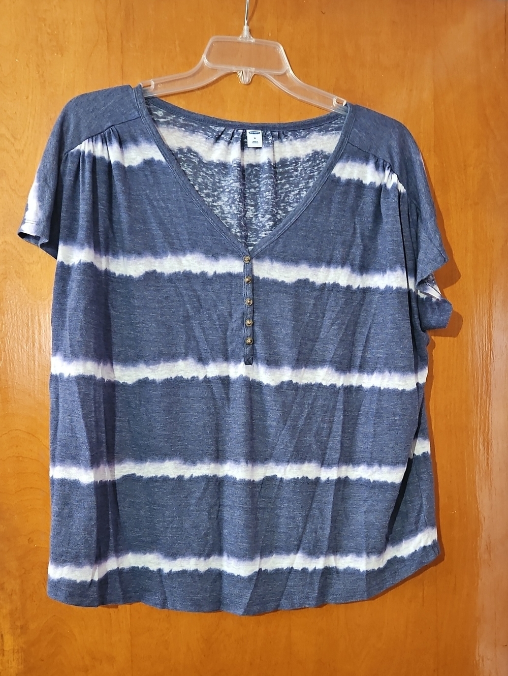 Old Navy Blue and White Striped Henley Tee